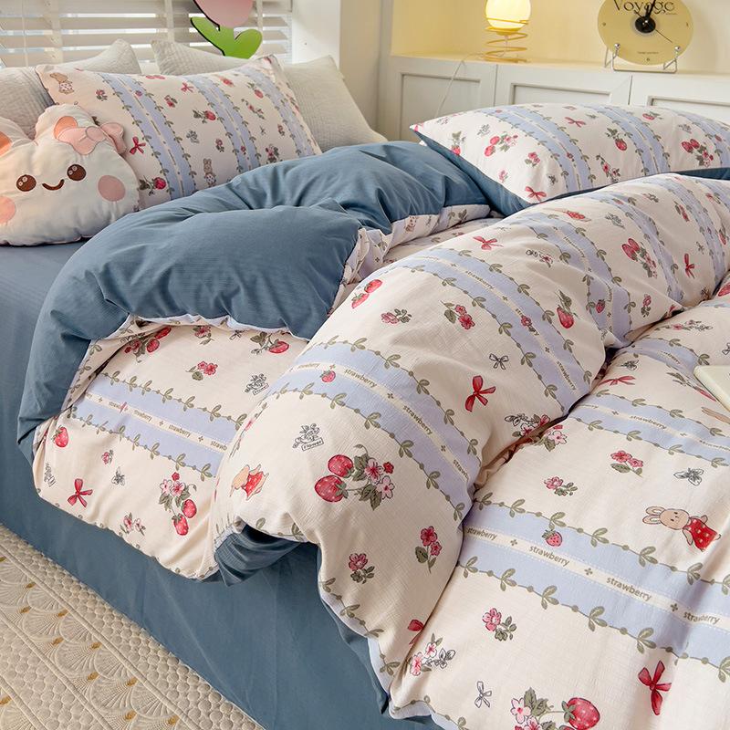Class A Maternal And Infant Grade Bubble Cotton Bed Four-Piece Set Washed Cotton Bed Sheet Quilt Cover Bed Hat Student Dormitory 3Pcs Set