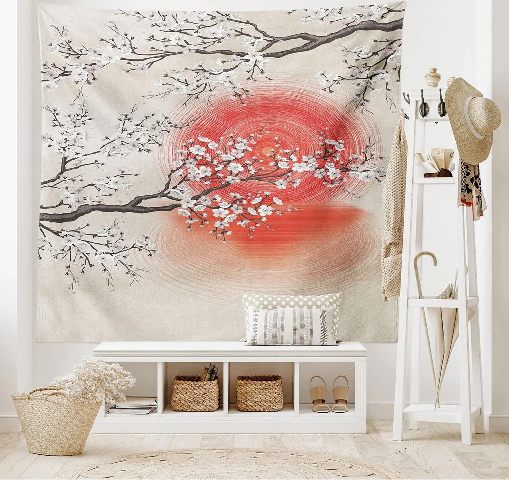 Japanese Mountains And Cherry Blossom Tapestry Sakura Village Aesthetic Art Bedroom Wall Hanging Anime Landscape Tapestry