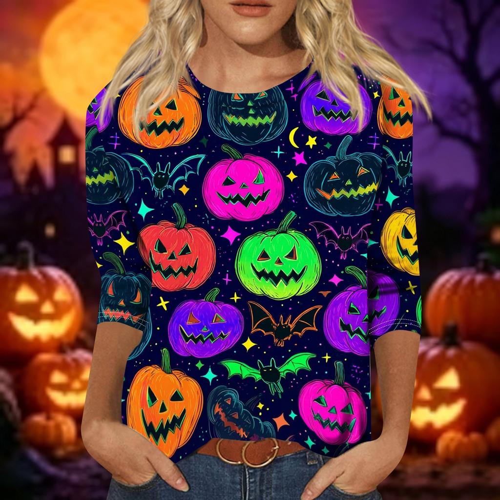 Women's Casual Halloween Print Pullover Top Three Quarter Sleeve Round Neck Shirt Lightweight Comfortable Fabric