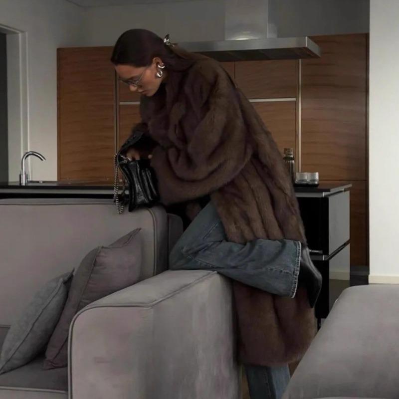 Winter Brown Fur Coat Extended Retro Suit Collar Imitation Fur Coat High-end Fox Fur Coat Women