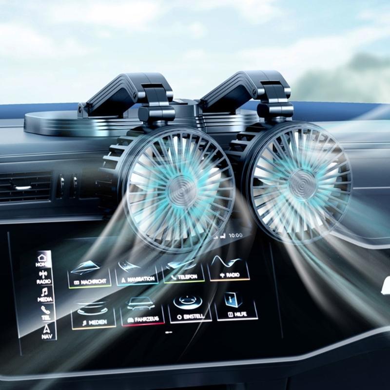 Car Dual Head Fan 360° Rotation 2 Gear Adjustable Cooling Fan for Vehicles Office Dashboard Mount USB Powered Cooler Fan