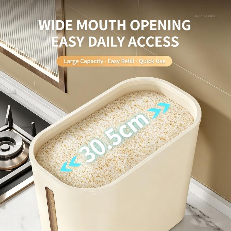 Countertop Rice Storage Bin with Push Button Release, Covered Rice Holder and Supply Window for Kitchen Cabinet Use