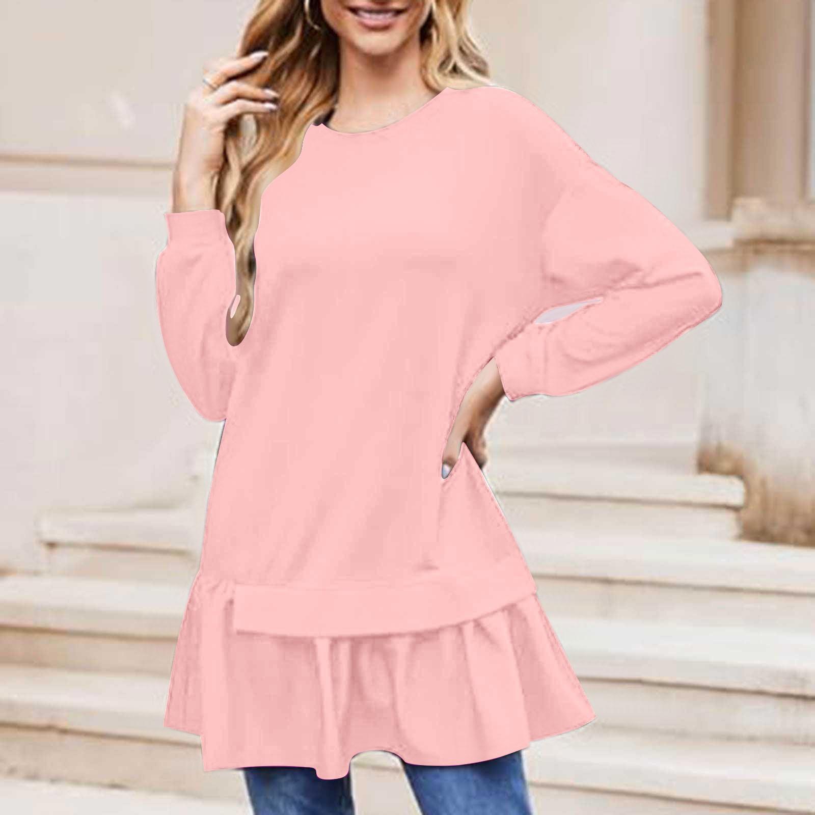 

Женская модная повседневная свободная толстовка средней длины с длинными рукавами и оборками, однотонная S розовый