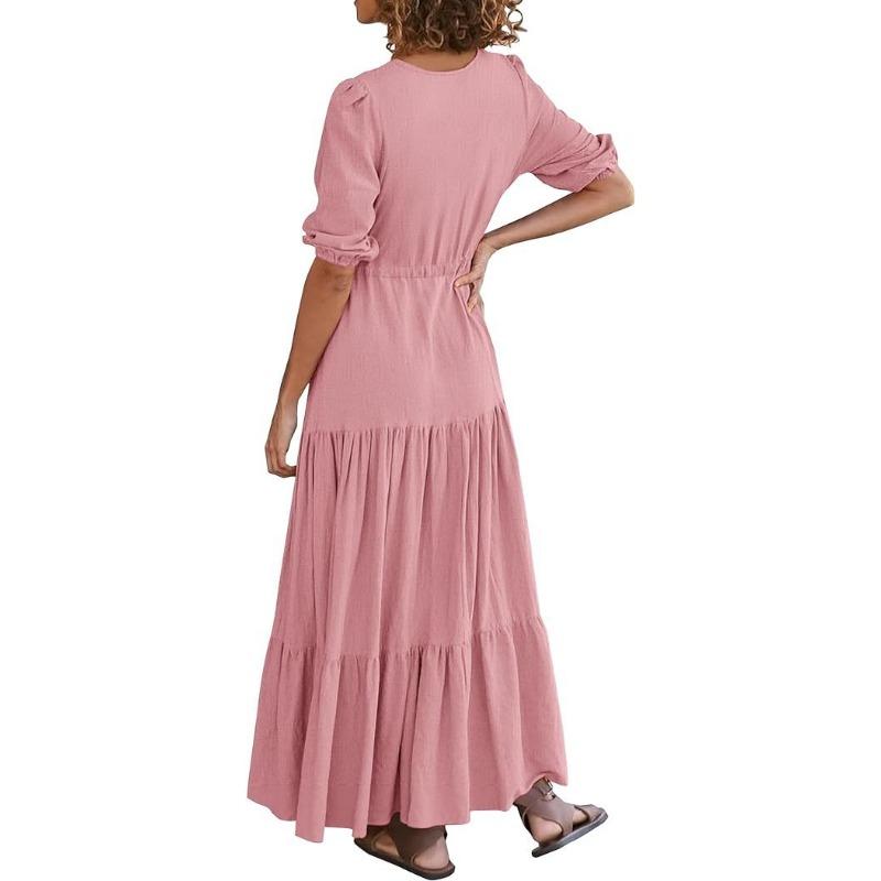 YYFS Moda feminina verão primavera cor sólida impressão manga curta com decote em v cintura alta vestidos casuais