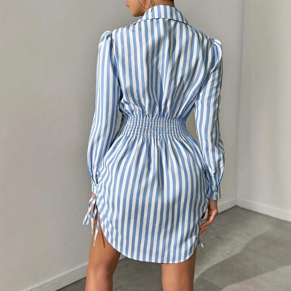 Women's long-sleeved POLO collar sexy side drawstring shirt dress