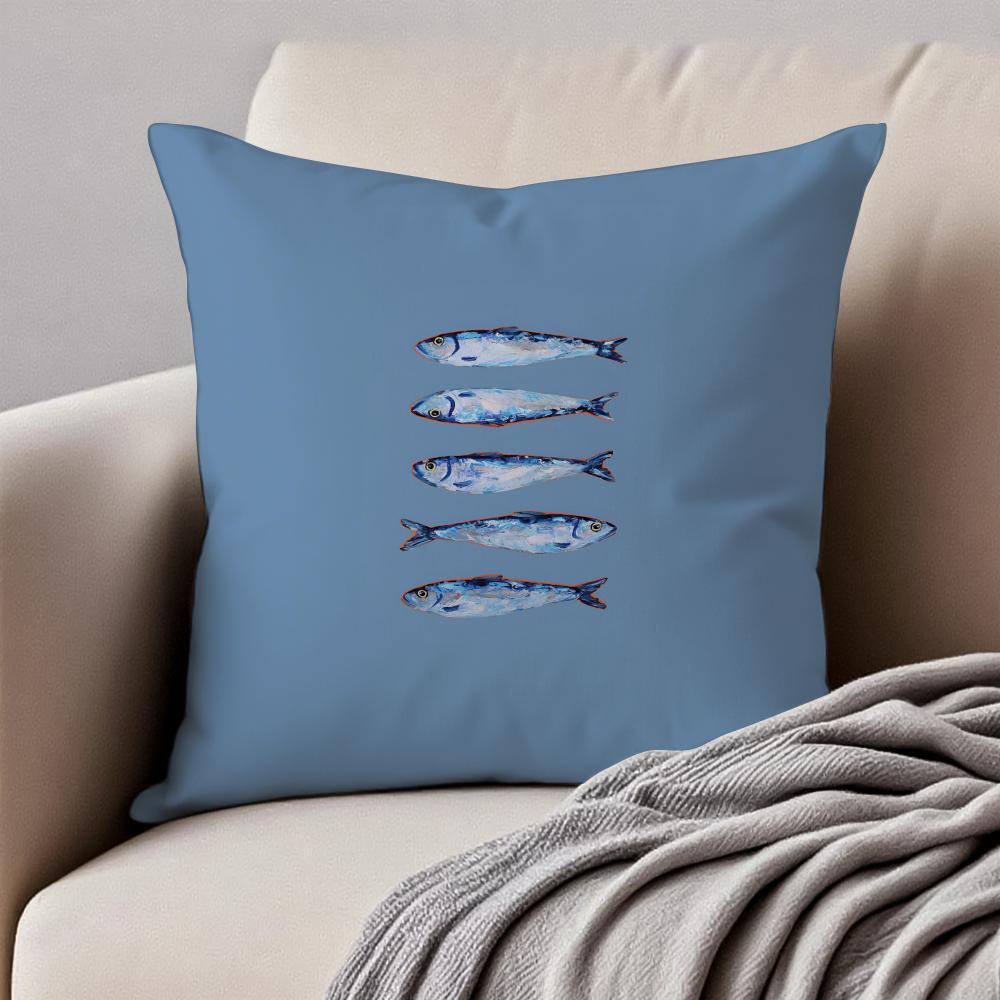Cute Coastal Charm Sardines Art Design Cushion Cover Pillowcase Antidustmite Invisible Zipper Short Plush Sofa Cushion