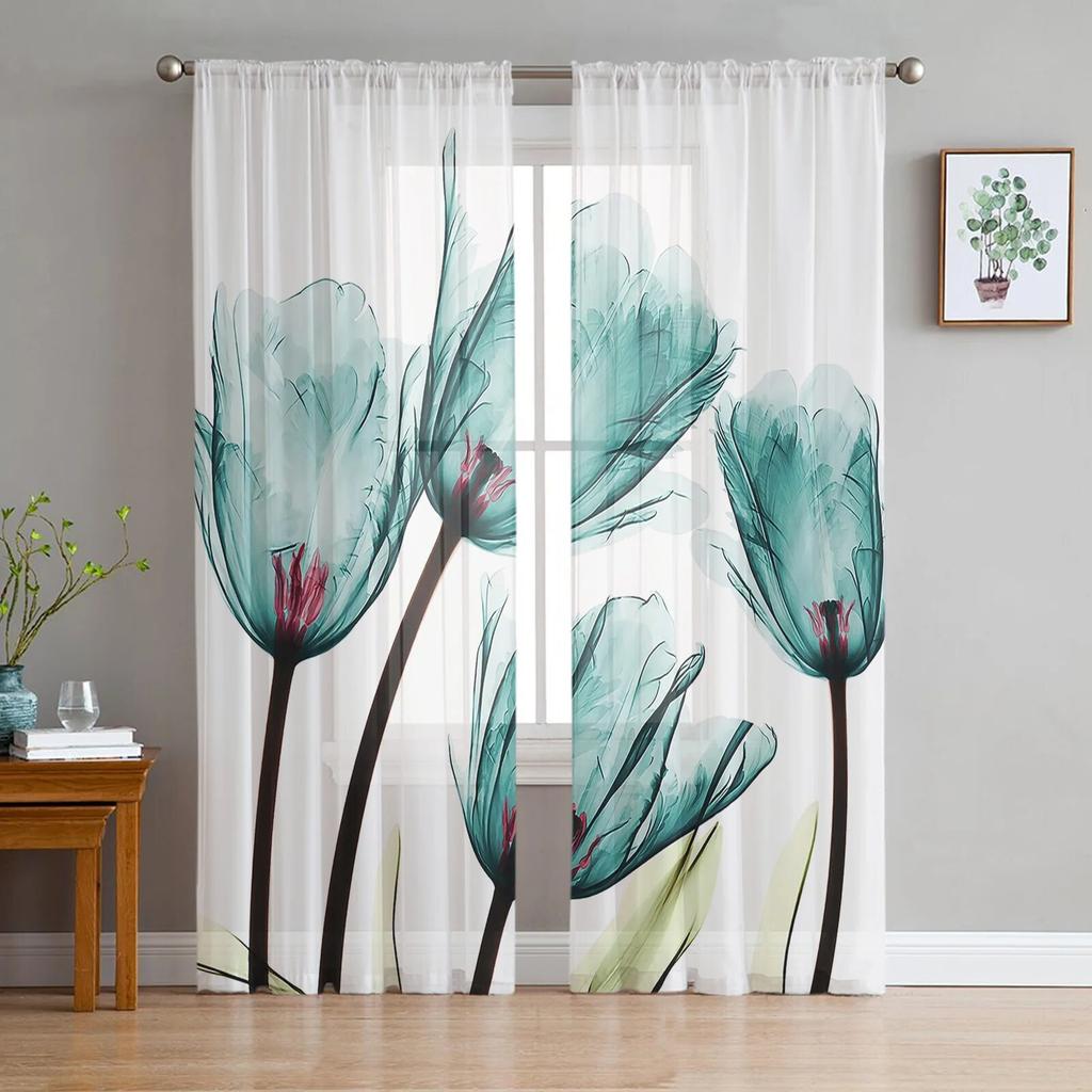 Blue Flower Abstract White Tulle Curtains for Living Room Drapes Window Sheer Modern Curtains for Bedroom Decor