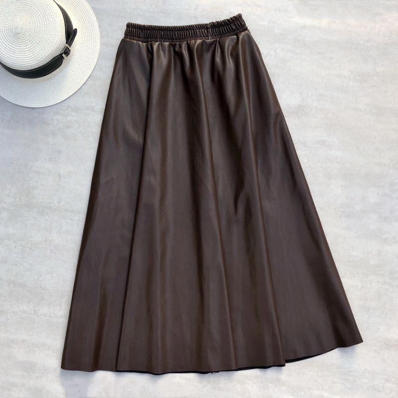 Women's Winter Faux Leather Pleated High Waist A-Line Midi Skirt Long Skirt