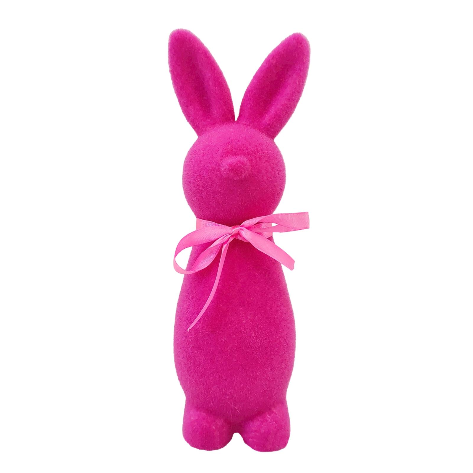

Flocked Bunny Figurine Decorative Plush Standing Rabbit Ornament with Bow for Home Holiday Party Display