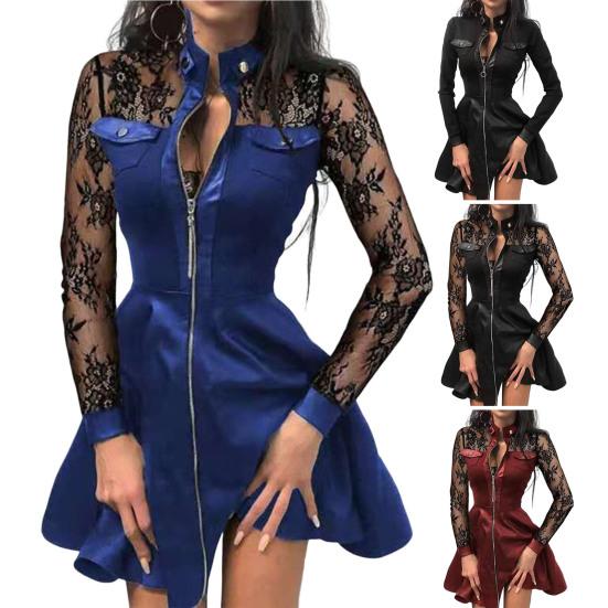 Clubkleid Durchsichtig Spitze Blumenstickerei A-Linie Großer Saum Slim Fit Stehkragen Über Knie Langärmlig Lockerer Saum Mini-Kleid für Dates