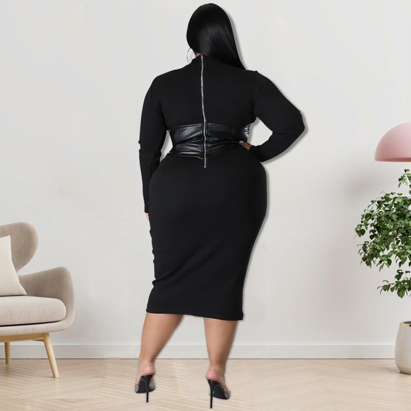 Plus Size Womens Knit Midi Dress With Zipper Detail Double-Layer Collar Long Sleeve Milk Silk Fabric Sweet Fresh Style