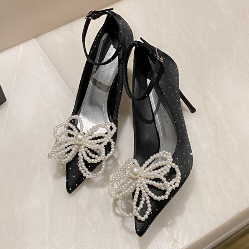 Mode Elegant String Perle Schleife Dekorative Pumps Damen Luxus Spitzzehe Kristall Knöchelschnalle Designer Schuh Mode Hochzeit Brautschuh
