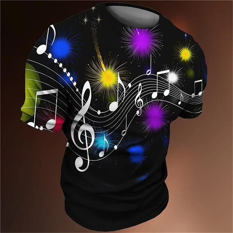 3D Printed Colorful Music T-Shirt For Men Musical Notes Pattern T Shirts Summer Casual Loose Tees Round Neck Tops Short Sleeves
