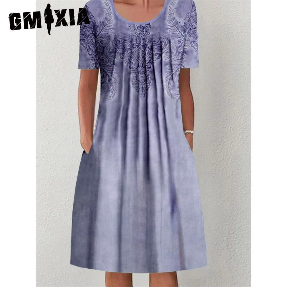 GMXIA 30 Color Pleated Midi Dress Short Sleeve Round Neck Loose Hem Mid-Calf Length Women Floral A-Line Party Dress Casual Wear