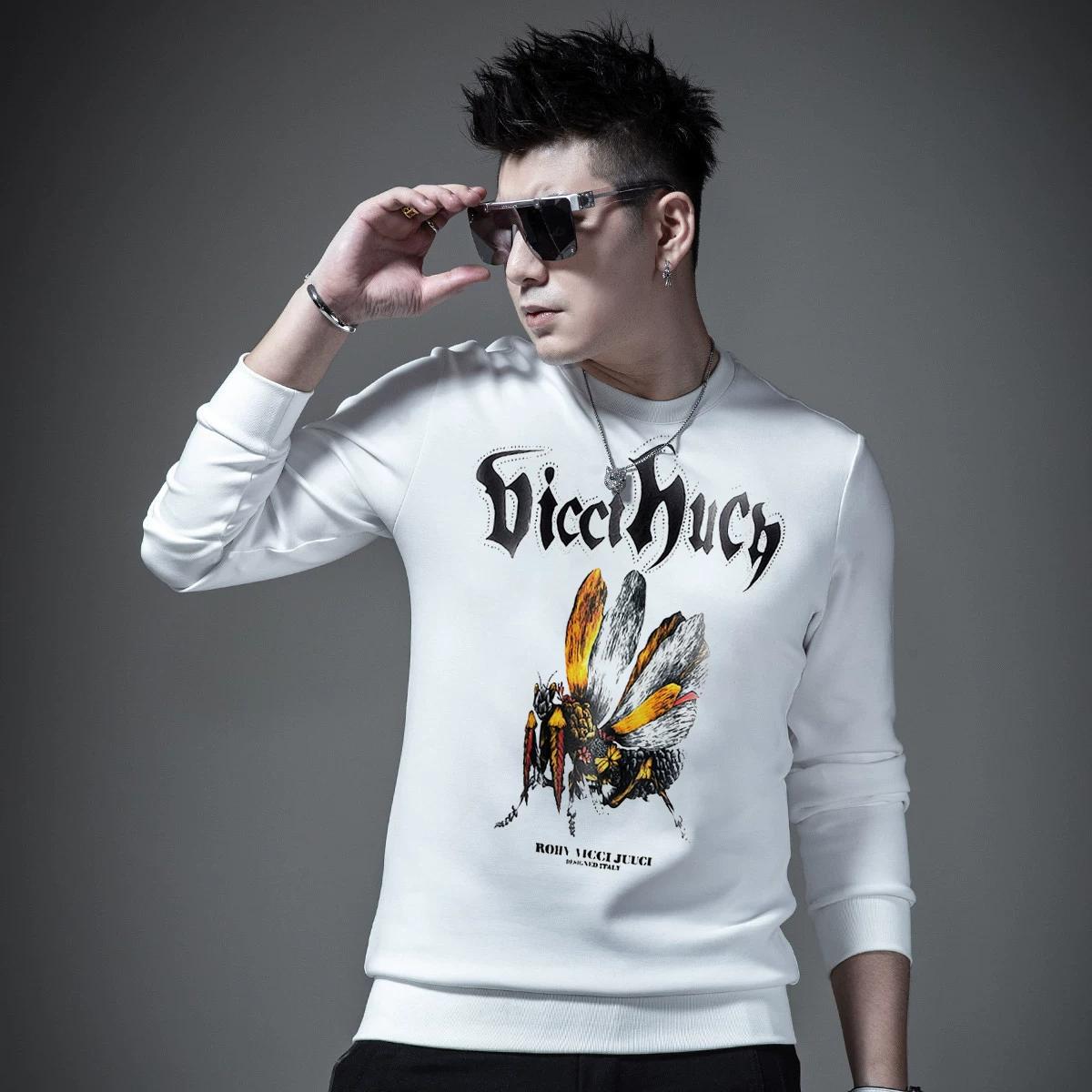 European Style Autumn Men s Long-Sleeve Base Shirt T-Shirt 2025 Fashion Printed Cool Casual Crew Neck Trendy Men s Sweatshirt L