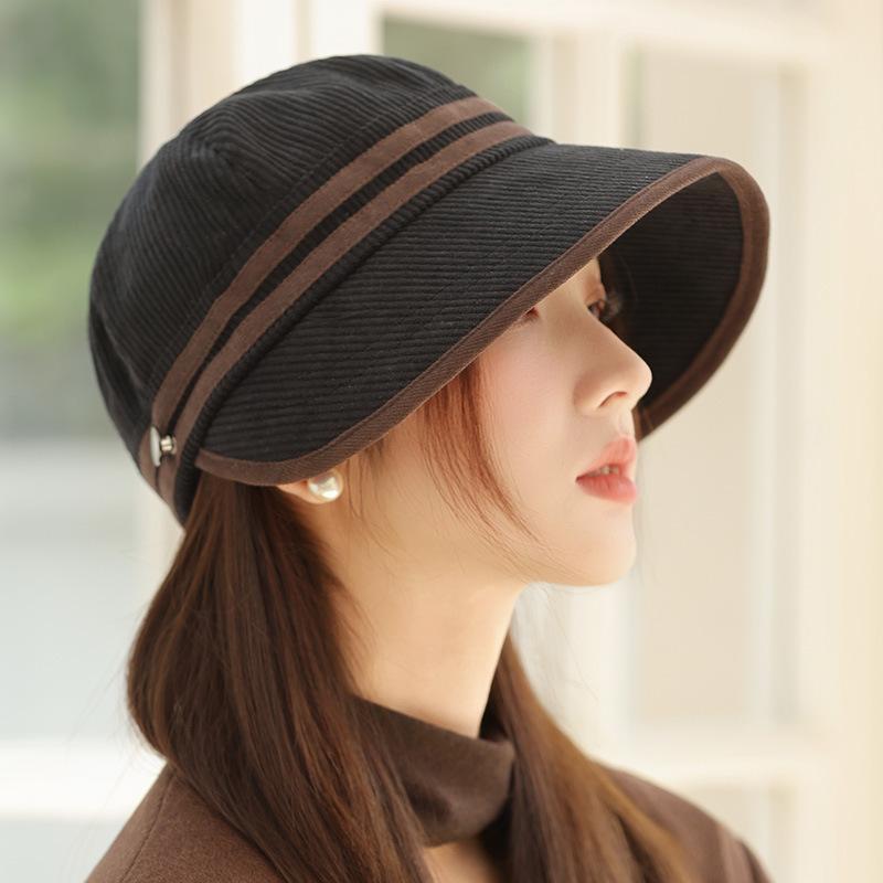 Corduroy Autumn Hat Women's High-end Temperament Equestrian Hat Big Head Circumference Showing Face Small Versatile Cap