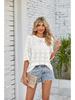 Cardigan Tricotado Feminino Primavera Verão 2025 Gola Redonda Proteção Solar, Acrílico com Renda Transpassado Leve Boho Chic Shrug de Praia
