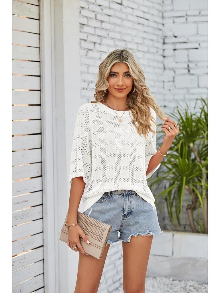Cardigan Tricotado Feminino Primavera Verão 2025 Gola Redonda Proteção Solar, Acrílico com Renda Transpassado Leve Boho Chic Shrug de Praia
