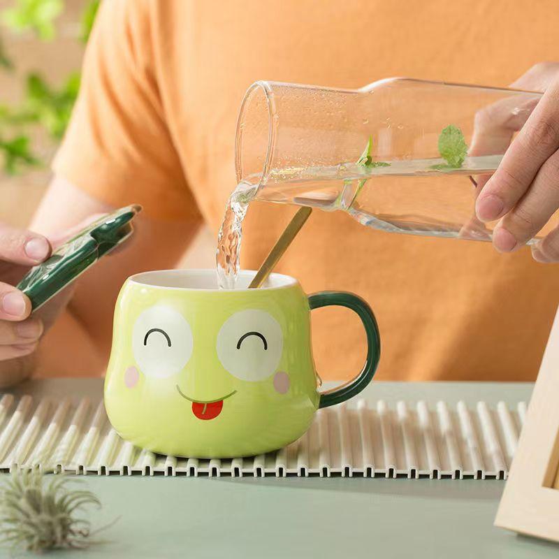 Kurbağa Kupa Seramik Lotus Yaprağı Kapaklı Kaşık, Yaratıcı Karikatür, Çocuk Sütü, Kahvaltı Kahve Kupası, İçecek Takımı Çay Kupası, 380ml