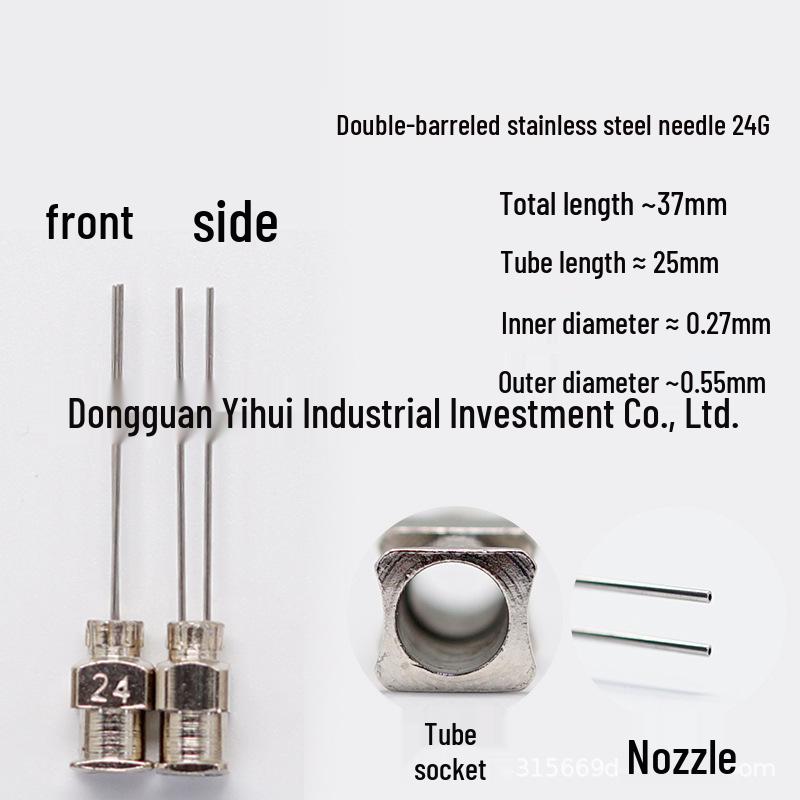 Stainless Steel Double-Tube Dispensing Valve Needle, Overall Length 37mm, Tube Length 25mm, Flat Opening Bayonet