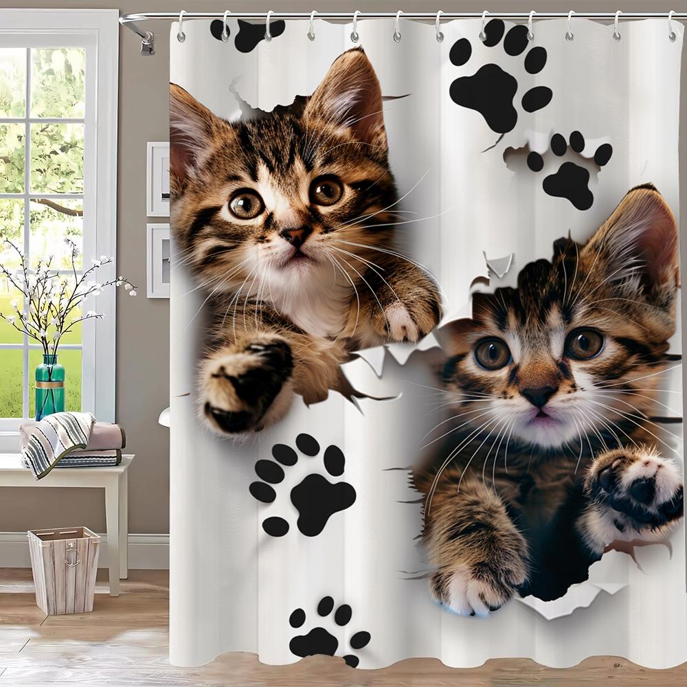 1pc Creative and Interesting Cat with Holes Shower Curtain Bathroom Curtains With Hooks,Printed Curtain Home Decoration Curtain