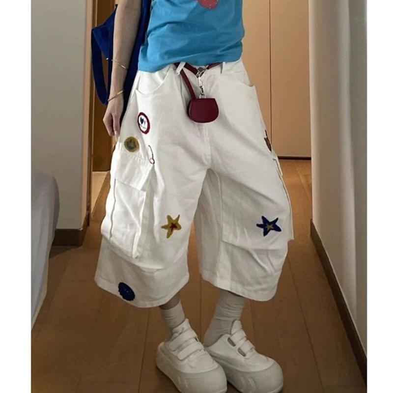 Star Embroidered Cargo Pants Female Summer Loose Fit Streetwear Straight Pants Women Big Pocket Short Pants Women 2025