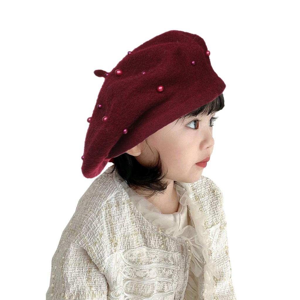 Kids Pearl Decor Beret Hat, Girls French Style Wool Painter Beret, Autumn Winter Warm Beanie Cap for 2‑6 Years Old, Head Circumference 48‑53cm