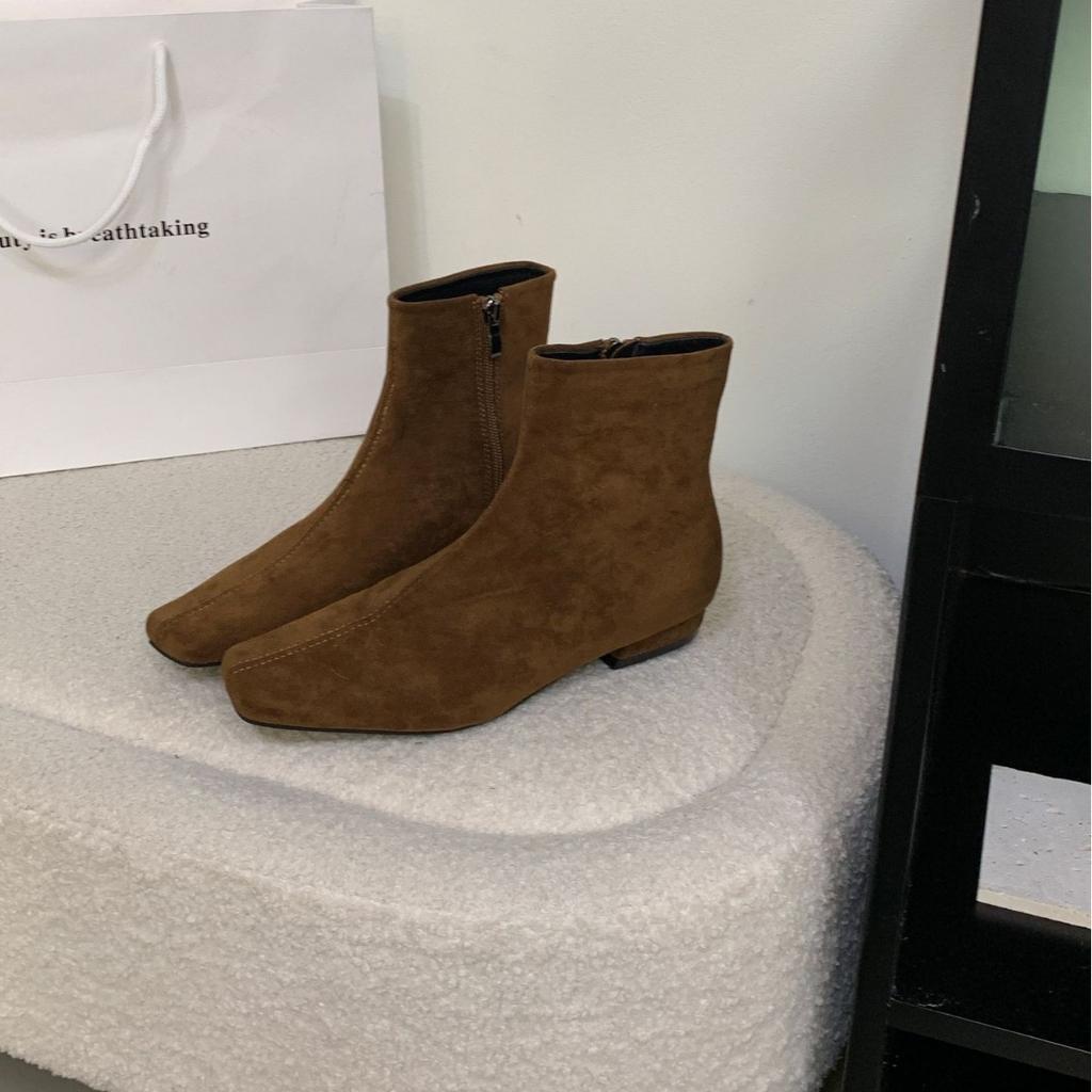 2025 New Suede Low Tube Side Zipper Thick Heel Martin Fashion Women's Short Boots