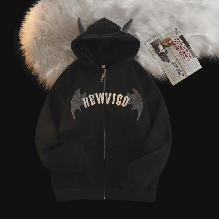 

Унисекс Ретро Кардиган с капюшоном и дьявольскими рожками: Стильная куртка свободного кроя для всех XXXL чёрный