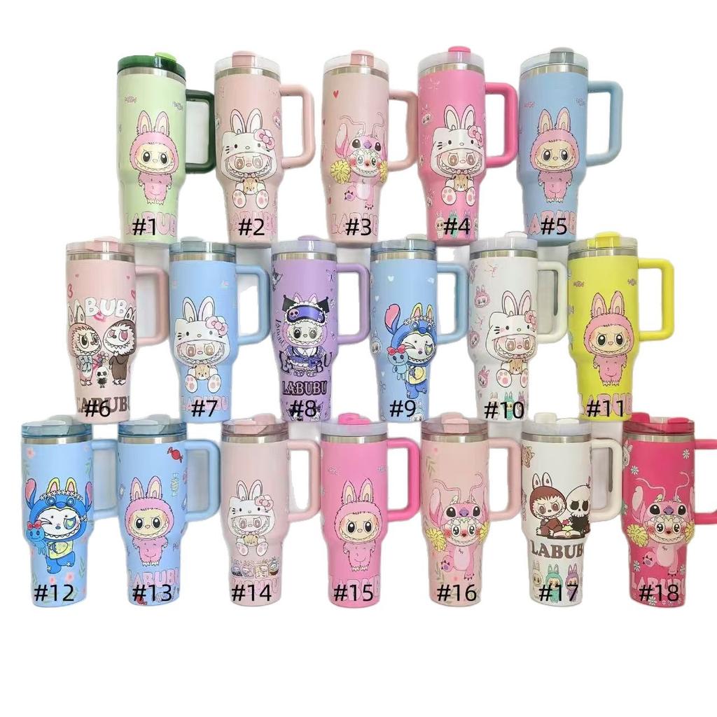 Cartoon pattern Labubu 40oz car cup 304 stainless steel thermos cup Labubu car straw Bingba cup