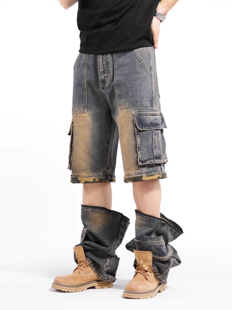 Top Men Wardrobe Heren Amerikaanse Stijl Wijde Pijp Losvallende Pasvorm Multi-Zak Werkkleding Jeans 32