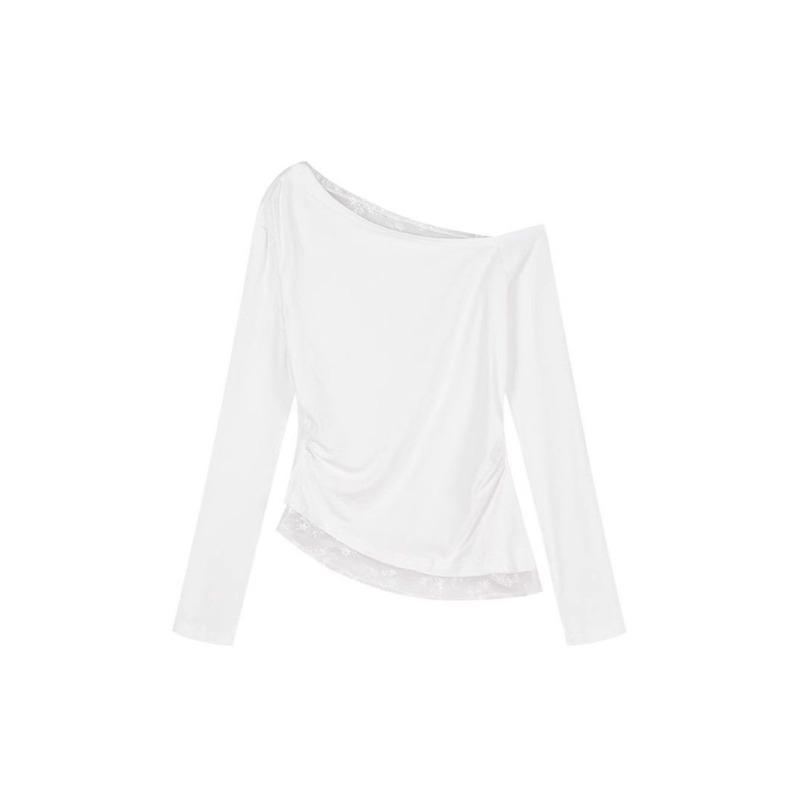 Sweet Slanted Shoulder Lace Splicing Long-sleeved Shirt Women's Early Autumn New Off-the-shoulder Slim-fitting and Thin Inner Top Tide