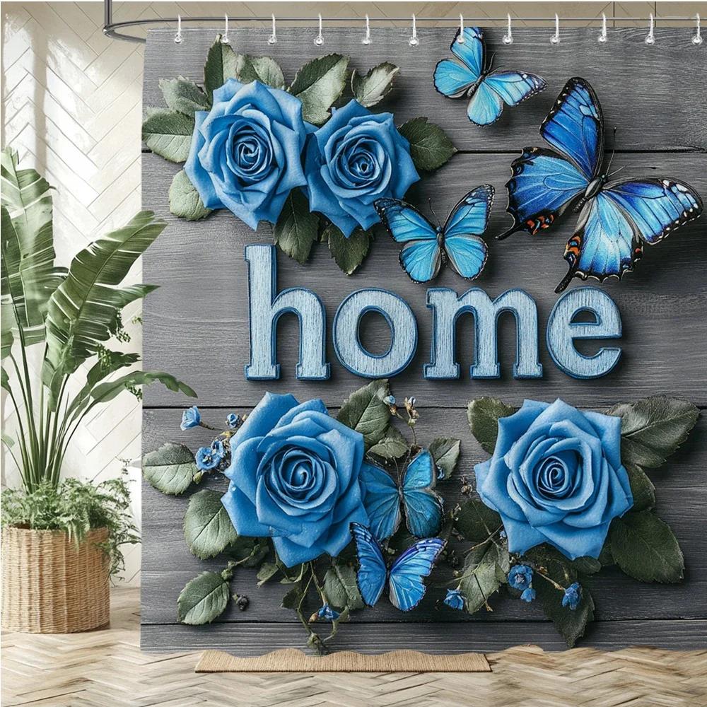 

Beautiful Blue Rose Flowers Butterfly Pattern Printed Fabric Shower Curtain Bathroom Curtain,Home Decoration Curtain With Hooks W60H190(CM)-1 Pcs