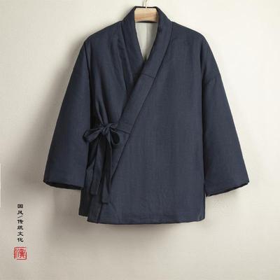 Men's Winter Hanfu Cotton Jacket - Ancient Style with Slanted Lapel and Zen Tea Design