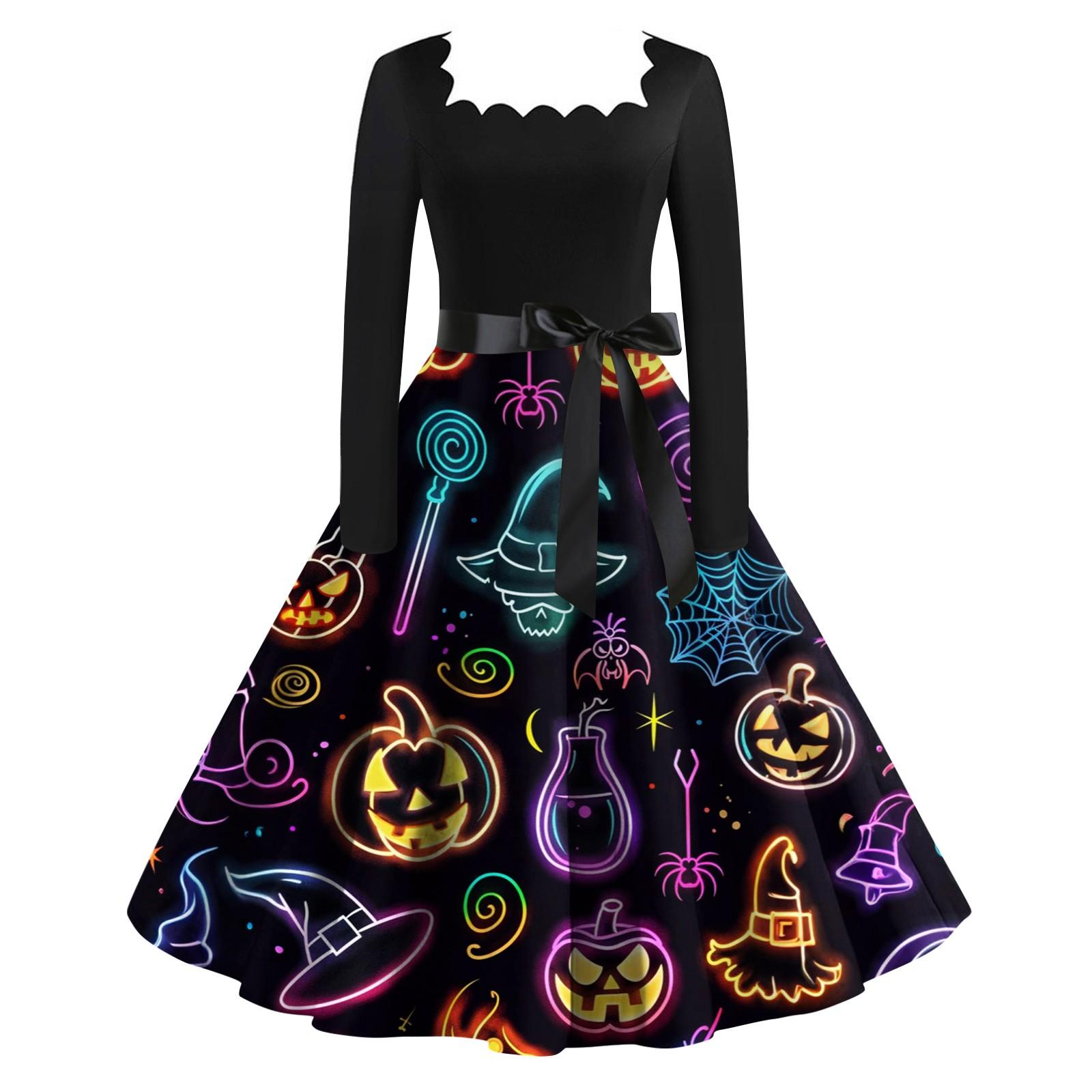 

Women s Fashionable Retro Long-sleeved Square-neck Halloween Printed Evening Dress L