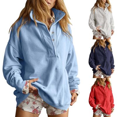 Womens Loose Half Button Collar Long Sleeve Casual Sweatshirt