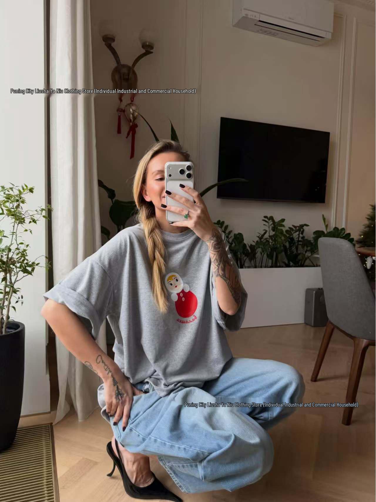 

Summer American Cartoon-Print Cute Cotton Oversize Women s Short Sleeve Top XXL светло-серый