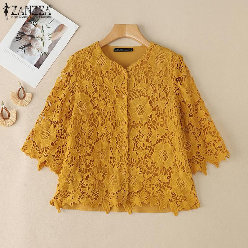 ZANZEA Womens Casual 3/4 Sleeve Lace Crochet Patchwork Loose Blouse