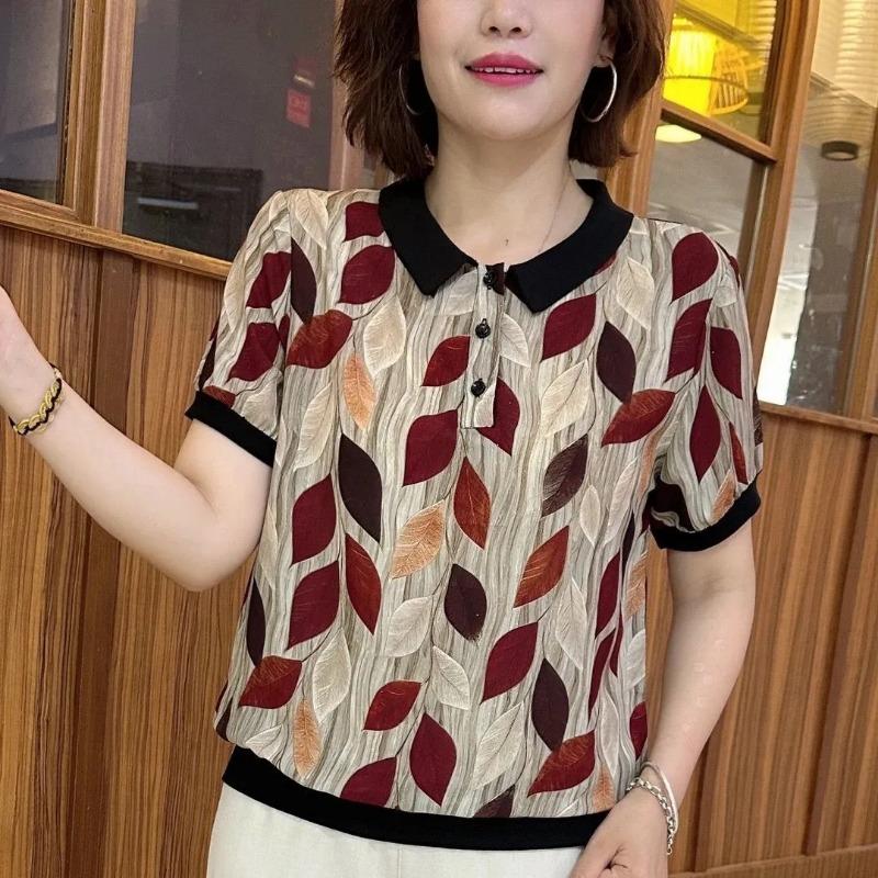 

Летняя Новая Мода Тонкий Сезон Одежда для Женщин Среднего и Пожилого Возраста Свободная Омолаживающая Повседневная Свободная Рубашка Короткий Рукав M красный