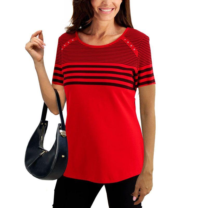 

2022 round Neck Striped Short Sleeve T-shirt Top Women Red XXL