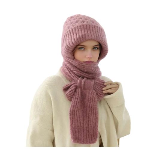 Winter Knit Hat with Integrated Scarf Solid Color Thickened Velvet Women Hat Long Scarf Set Cold Weather Headwear