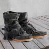 Damen Fahion Winter Round Head Flache Heels Fransen Stiefeletten Damen Retro Wildleder Leder Kurze Röhre Dicke Quaste Knöchel Schnee Booties Plus Größe 35-43