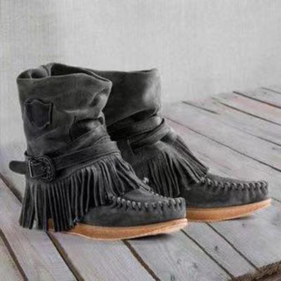 Fahion feminino inverno cabeça redonda salto plano franja tornozelo botas senhoras retro camurça couro curto tubo grosso borla tornozelo botas de neve mais tamanho 35-43