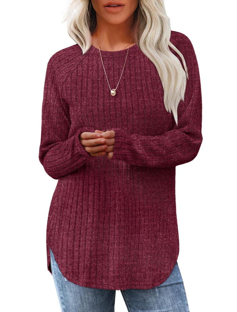 2024 Autumn Women's Loose Round Neck High-Low Hem Top