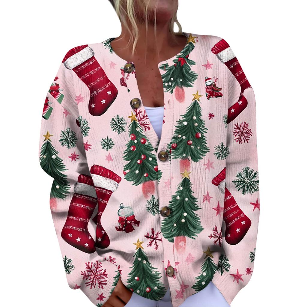Women's Fashion Christmas Printed Long Sleeve Knitted Cardigan Button Down Jacket