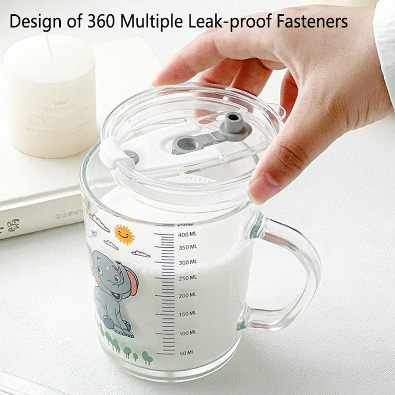 Kids Straw Cup With Lid And Handle Cute Glass Tumbler Baby Feeding Water Bottle Cartoon Glass Cup For Kids Drinkw