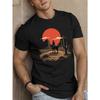 European Size Men'S Western Cowboy Graphic Tee, Polyester Casual Crew Neck T-Shirt with Slight Stretch, Geometric Desert Landscape Print, Summer