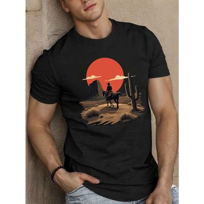Europäische Größe Herren Western Cowboy Grafik T-Shirt, Polyester Lässiges Rundhals-T-Shirt mit leichter Dehnung, Geometrisches Wüstenlandschafts-Print, Sommer