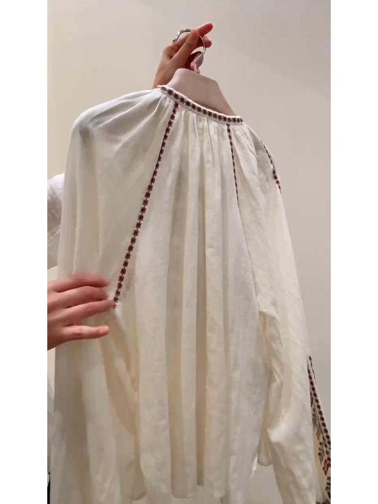 2026 Early Spring Women's French Ethnic Embroidered Pure Cotton Shirt with Long Lantern Sleeves