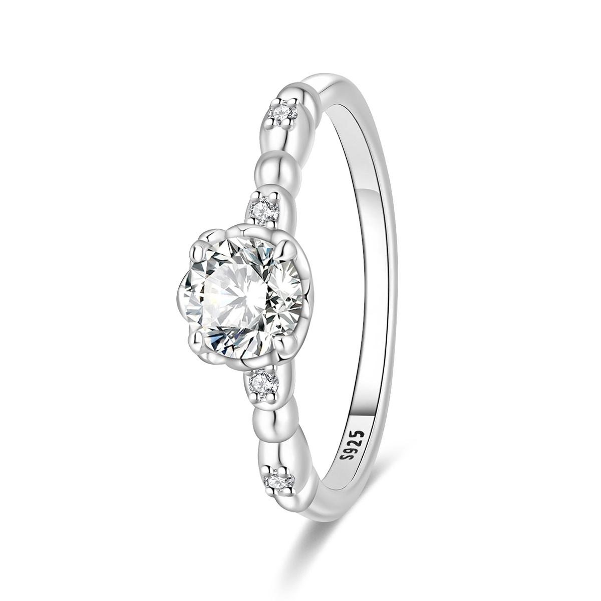 

925 Sterling Silver Round Cut CZ Solitaire Ring Beaded Band Side Stones Promise Engagement Ring for Women Wedding Jewelry Gift 8